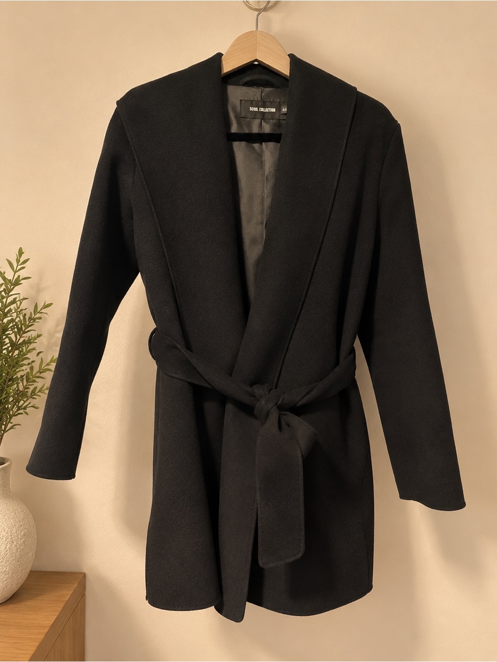 Vintage Seoul Collection Black Wool Blend Belted Wrap Coat Korean 44
